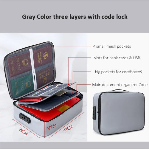 Fireproof Waterproof Important Documents Organizer Storage Bag with Coded Lock for Papers Certificates Diplomas Files Contracts